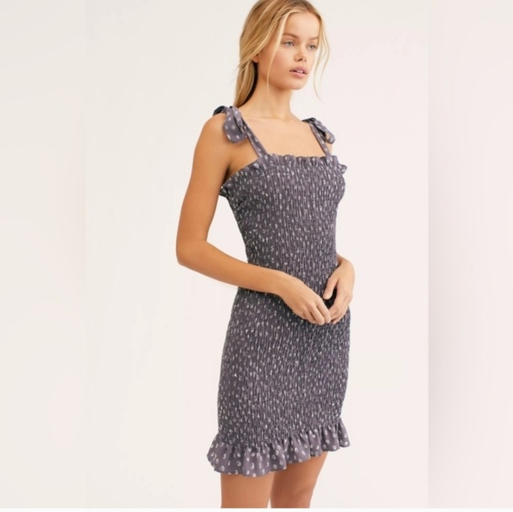 NWT Free People Bella Smocked Mini Dress Size M Grey Combo